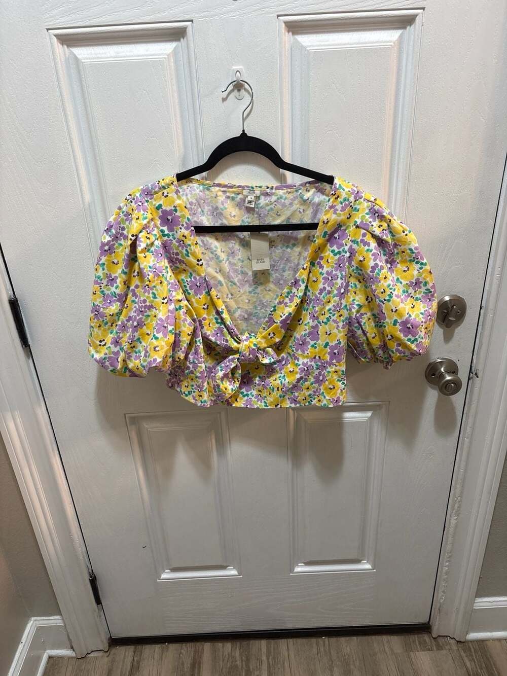 River Island Yellow Floral Tie Front Puff Sleeve Crop Top Size 16